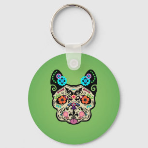 Porte-clés Crâne Frenchie - vert de sucre