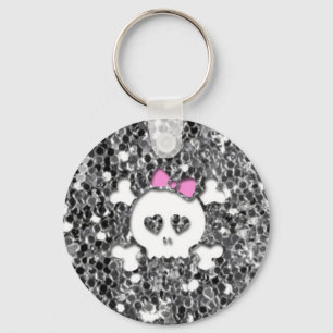 Porte-clés Crâne Girly avec l'arc rose sur le regard argent