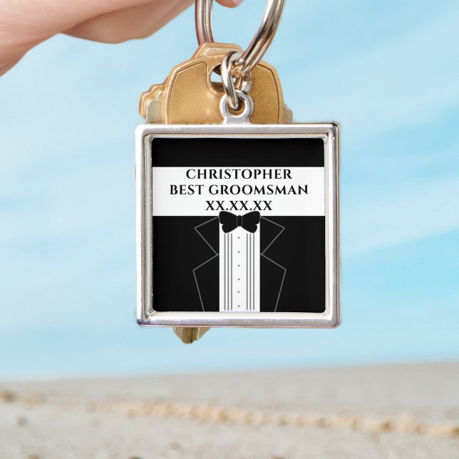 Porte-clés Cravate Noire Meilleur Groomsman Tuxedo Mariage Po (Perfect gift for your best man or groomsman. Just add his name and your wedding date)