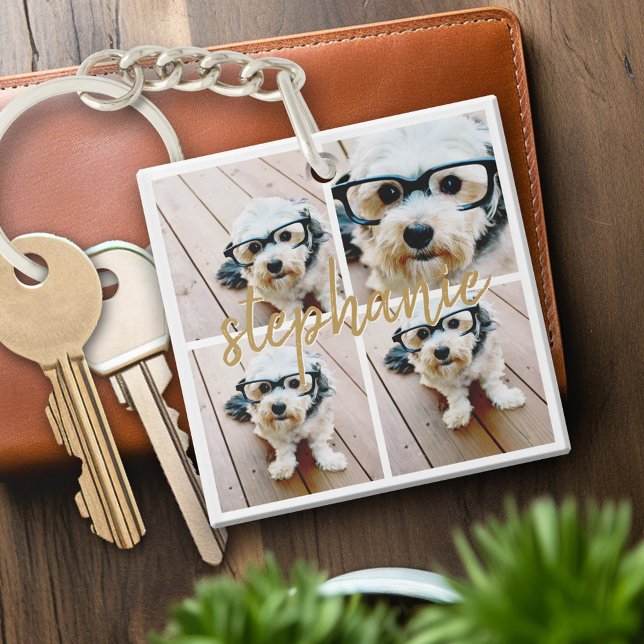 Porte-clés Créez votre propre collection de photos 4 - Nom du (Personalized keychain with photo collage and monogram)
