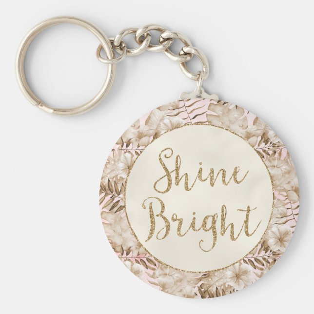 Porte-clés Crème rose pâle Tropical Feuille Floral Shine (Devant)