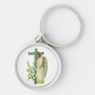 Porte-clés Croix chrétienne fleurie bleue