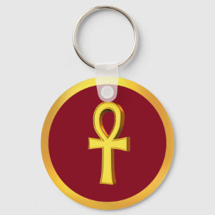 Porte-clés Croix d'Ankh Tau avec cercle doré sur cramoisi