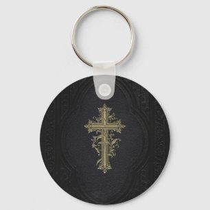 Porte-clés Croix d'or victorienne fleurie élégante vintage