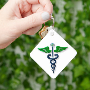 Porte-clés Croix Médicale bleue Stylish Caduceus Green Wings