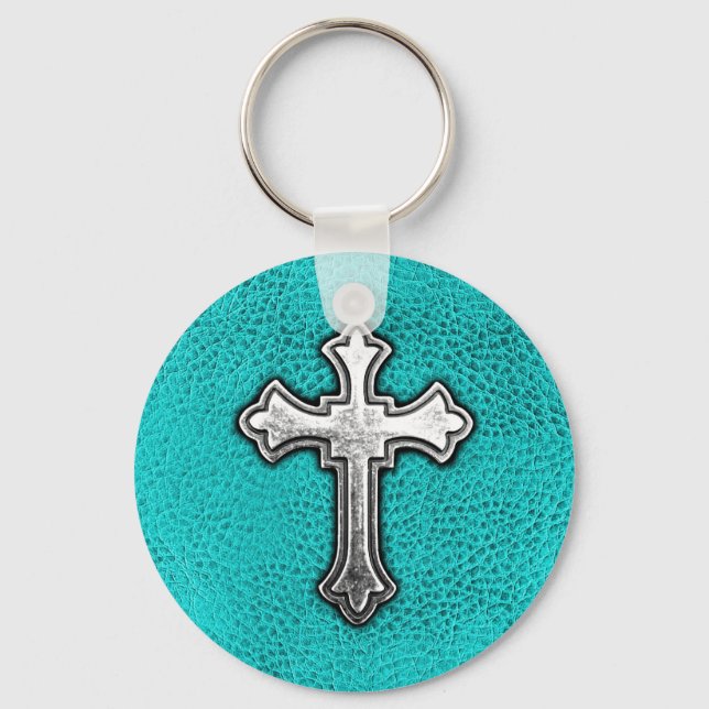 Porte-clés Croix métallique turquoise (Recto)
