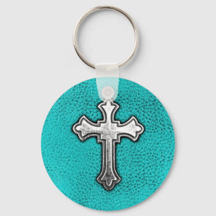 Porte-clés Croix turquoise en métal