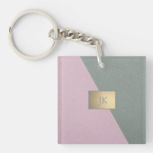 Porte-clés Cuir vert rose élégant, Monogramme