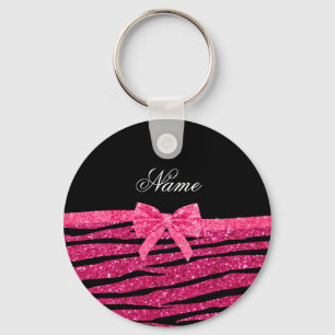 Porte-clés Custom name hot pink glitter zebra stripes bow