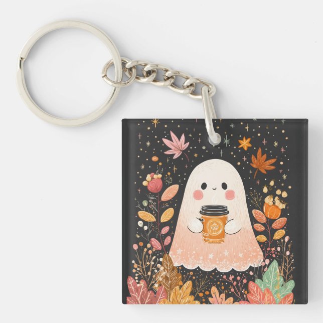 Porte-clés Cute Autumn Ghost with Pumpkin Coffee – Cozy Fall  (Devant)