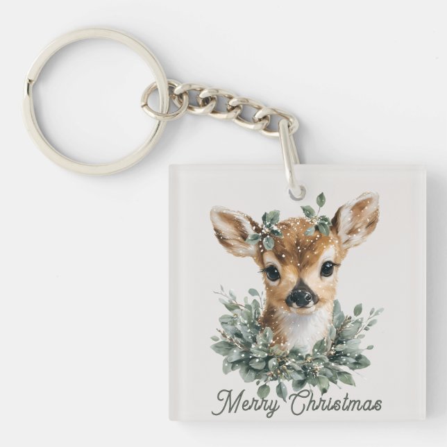 Porte-clés Cute Baby Deer Merry Christmas – Watercolor Fawn  (Devant)