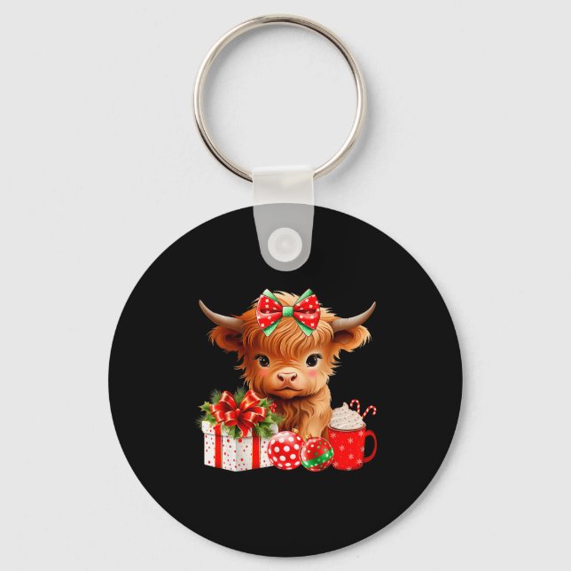 Porte-clés Cute Baby Highland Cow Merry Christmas Farmer Cow  (Recto)