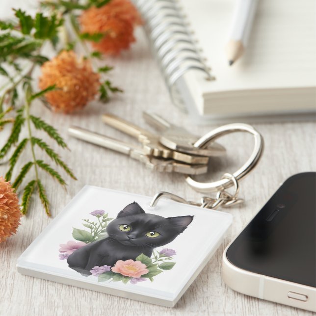 Porte-clés Cute Black Chat Floral Whimsical (Devant Droit)