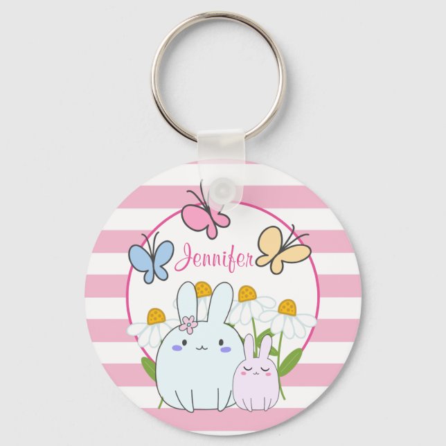 Porte-clés Cute Bunnies avec marguerites de printemps et papi (Recto)