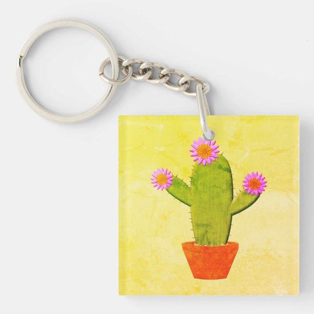 Porte-clés Cute Cactus En Dessin Avec Peinture De Fleurs Rose (Devant)