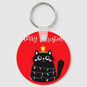 Porte-clés Cute cartoon noir Cat Christmas tree
