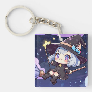 Porte-clés Cute Chibi Witch Flying in the Night Sky