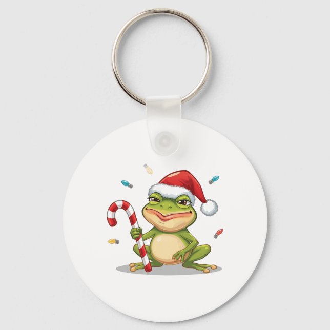 Porte-clés Cute Christmas Frog With Candy Cane - Funny Holida (Recto)