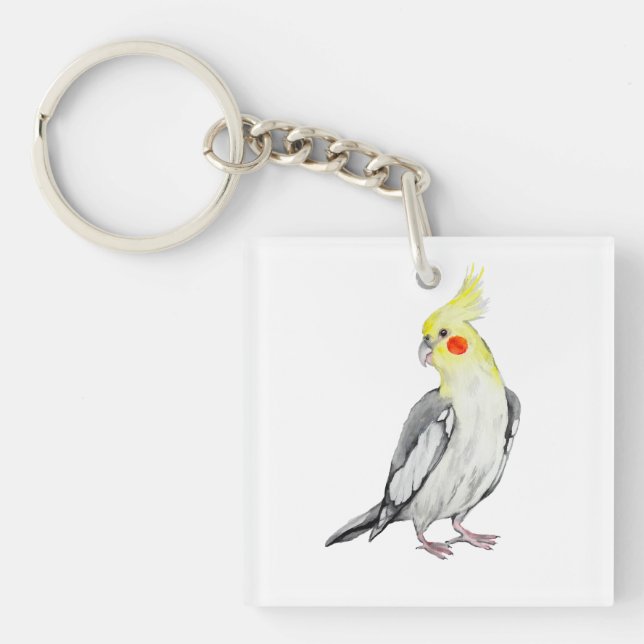 Porte-clés Cute Cockatiel Aquarelle Parrot. (Devant)