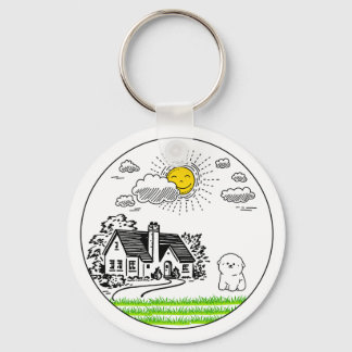 Porte-clés *Cute Cottage & Puppy with Smiling Sun – Circular 
