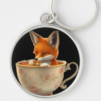 Porte-clés Cute Fox Drinking Tea on Keychain