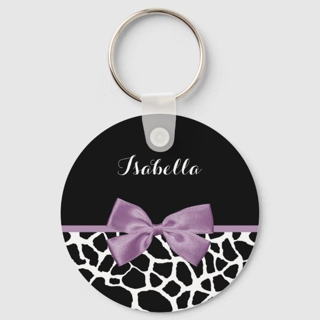 Porte-clés Cute Giraffe Imprimer Lavande Violet Bow Avec Nom (Recto)