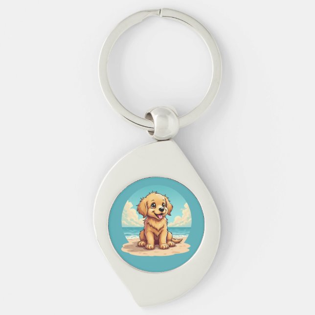 Porte-clés Cute Golden Puppy at Sunny Beach Scene (Devant)