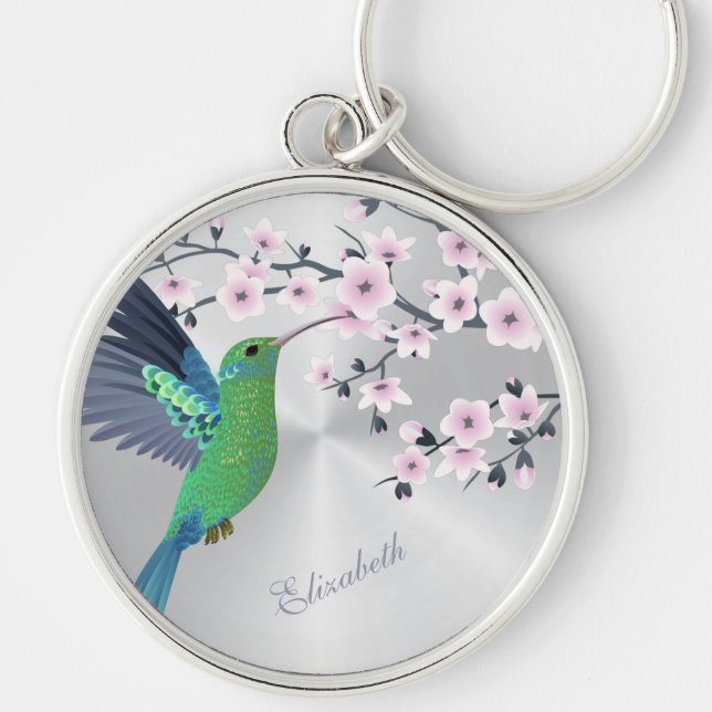 Porte-clés Cute Green Hummingbird Cherry Blossom Ajouter Nom  (Devant)