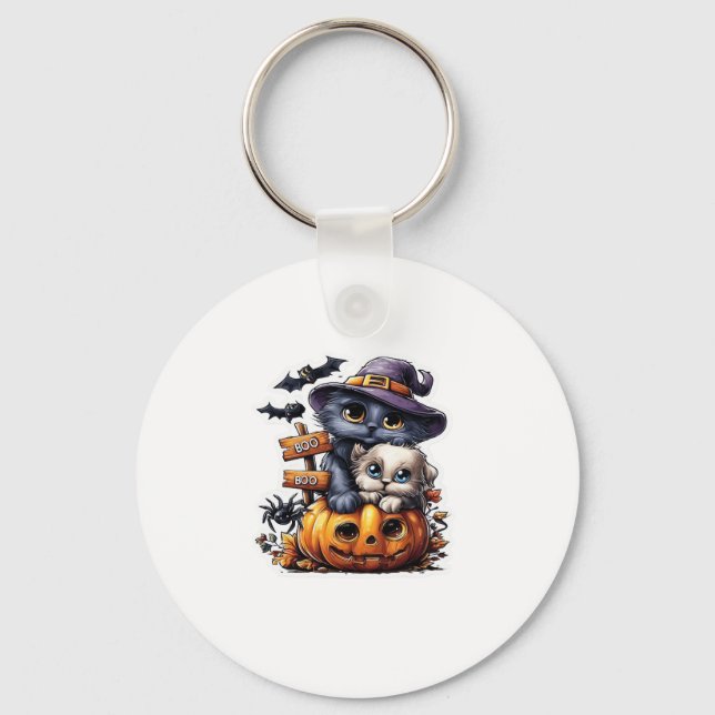 Porte-clés Cute Halloween Cat Sticker � Witch Hat, Pumpkin an (Recto)