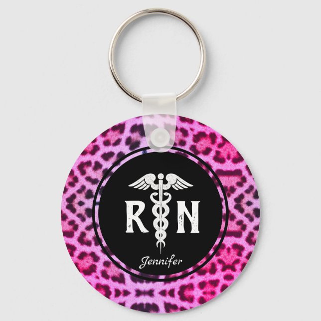 Porte-clés Cute Infirmière inscrite Caduceus Pink Leopard Per (Recto)