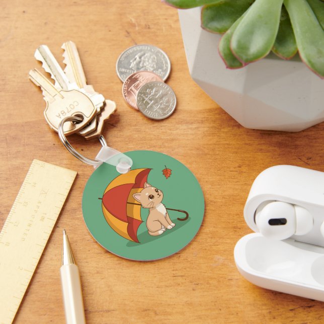 Porte-clés Cute Kitten Cat Red Yellow Umbrella Fall Green (Bureau)