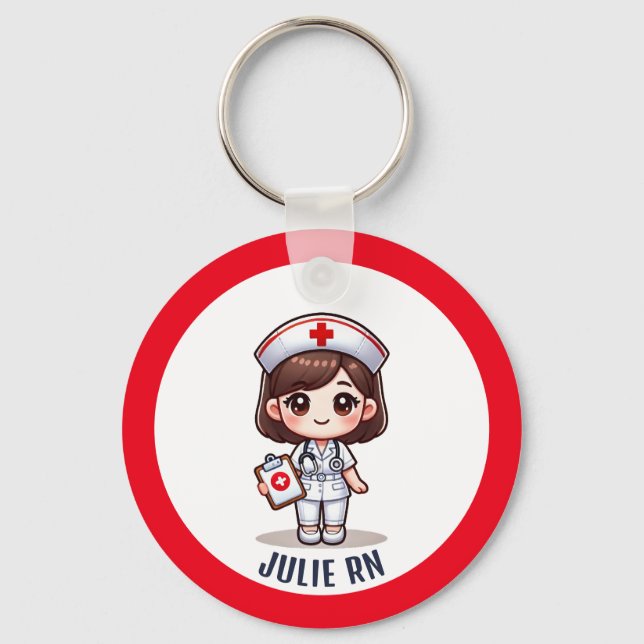 Porte-clés Cute Manga Nurse Brunette Caricature sur mesure (Recto)