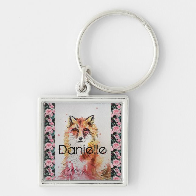 Porte-clés Cute Red Fox Aquarelle Rose Rose Filles Dames Ke (Devant)