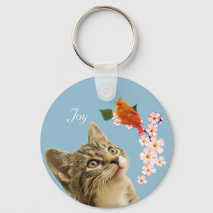 Porte-clés Cute Tabby Chat, Fleurs et Petit Oiseau Rouge