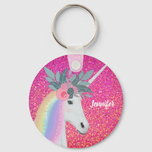 Porte-clés Cute Unicorn Fleurs Pink Parties scintillant Spark