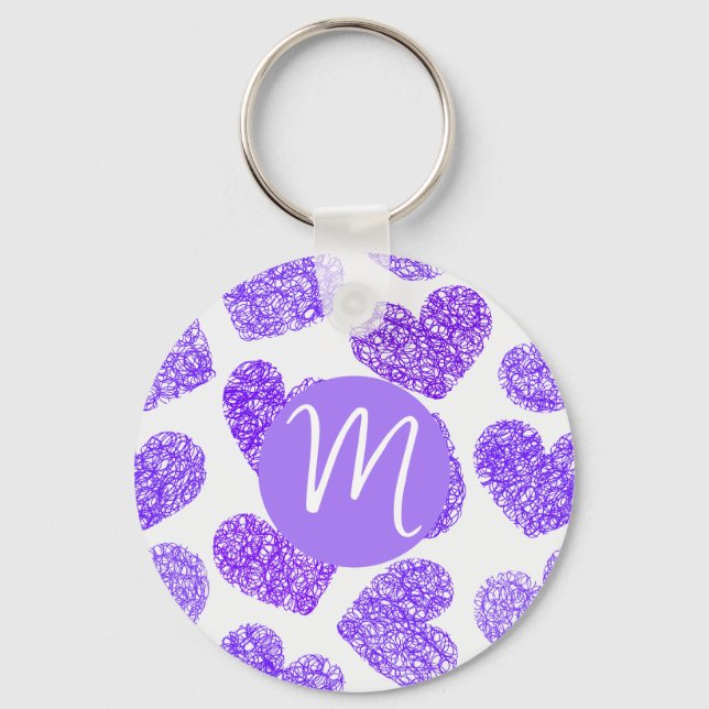 Porte-clés Cute violet Doodled Heart Saint Valentin Monogramm (Recto)