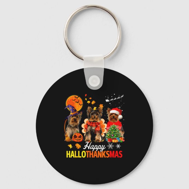 Porte-clés Cute Yorkie Happy Hallothanksmas Halloween Thanksg (Recto)