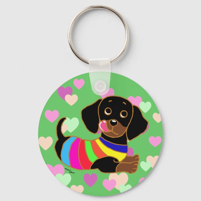 Porte-clés Dachshund Cartoon 2 Coeurs (Recto)