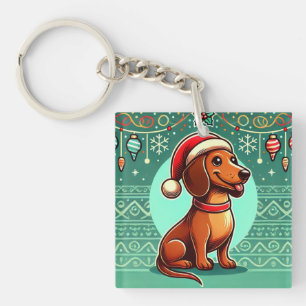 Porte-clés Dachshund de fête portant un chapeau de Père Noël