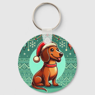 Porte-clés Dachshund de fête portant un chapeau de Père Noël