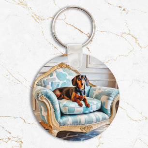 Porte-clés Dachshund élégant sur fauteuil luxueux monogrammé