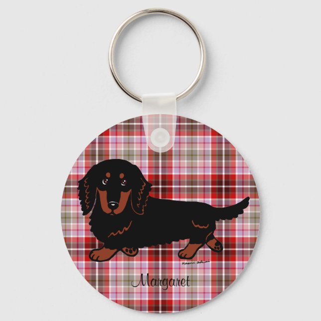 Porte-clés Dachshund long Haired noir et tan personnalisé (Recto)