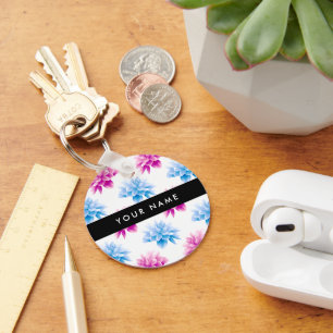 Porte-clés Dahlia rose et bleu, motif floral, Votre nom