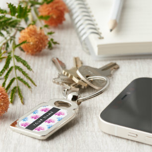 Porte-clés Dahlia rose et bleu, motif floral, votre nom