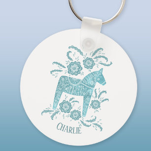 Porte-clés Dala Horse Suédois Folk Art Turquoise Vert Personn
