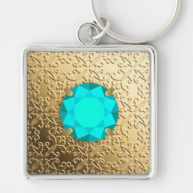 Porte-clés Damas d'or avec gemstone d'aquamarine faux (Devant)