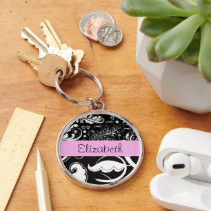 Porte-clés Damas, Fleurs, Noir et Blanc, Votre nom