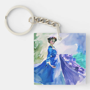 Porte-clés Dame en Robe Bleue - Peinture aquarelle