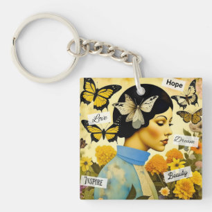 Porte-clés Dame vintage, papillons, fleurs et inspirant