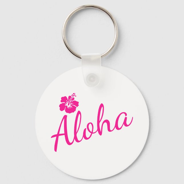 Porte-clés Design original en texte rose ALOHA et fleur (Recto)